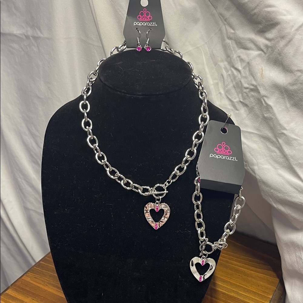 Paparazzi Heart Toggle Necklace, Earrings And Matching Toggle Bracelet Set